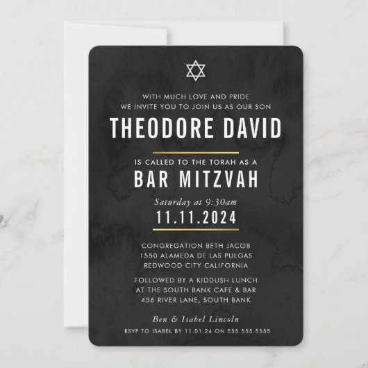 MODERN BAR MITZVAH Schwarzes Muster Einladung (Vorderseite)