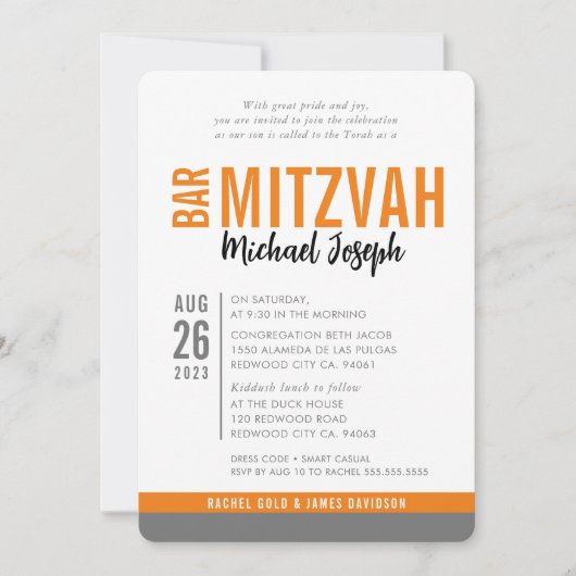 MODERN BAR MITZVAH trendy date orange gray Einladung (Vorderseite)