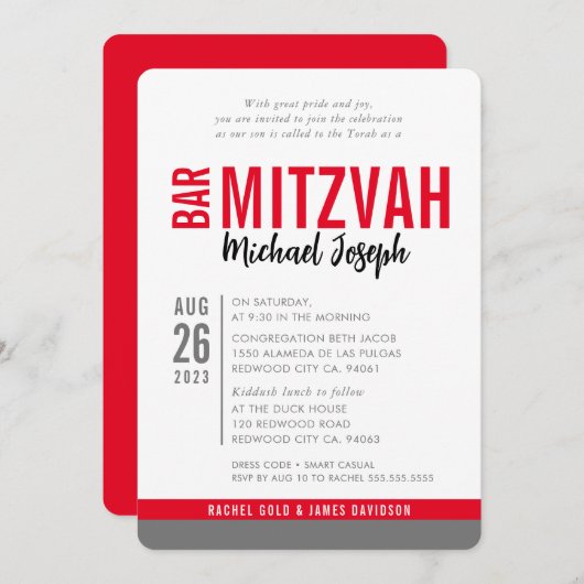 MODERN BAR MITZVAH trendy datiert rot grau Einladung (Vorne/Hinten)