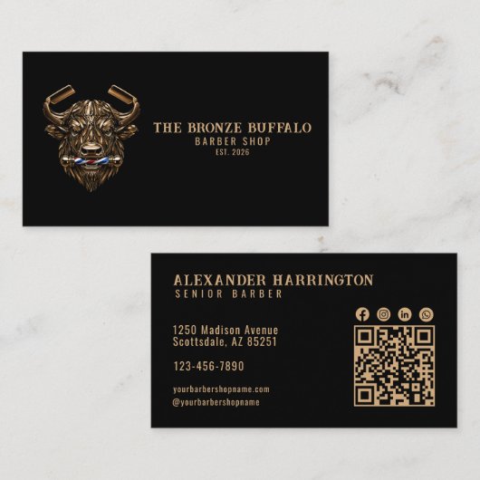 Modern Barber Bronze Büffel Barber Shop Qr Code Visitenkarte (Vorne/Hinten)