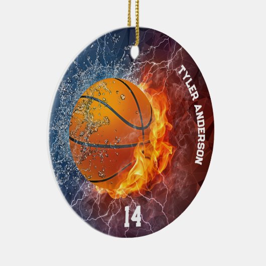 Modern Basketball Name und Spielernummer Feuereis Keramik Ornament (Rechts)