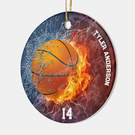 Modern Basketball Name und Spielernummer Feuereis Keramik Ornament (Links)