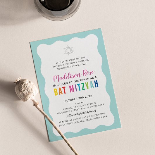 MODERN BAT MITZVAH Regenbogenfarben Wavy Bänder Mi Einladung