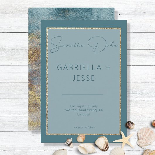 Modern Beach Abstrakt Aquamarin & Gold Save the Da Date