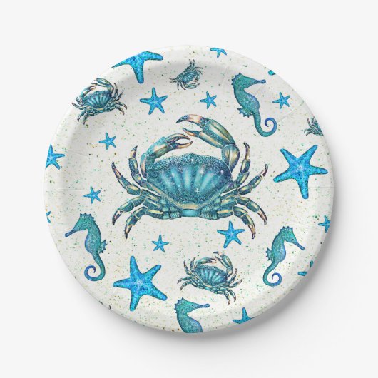Modern Beach Blue Crab Starfish Seahorty Pappteller (Vorderseite)