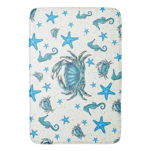 Modern Beach Blue Crab Starfish Seepferd Sparkle Badematte (Vorderseite Vertikal)