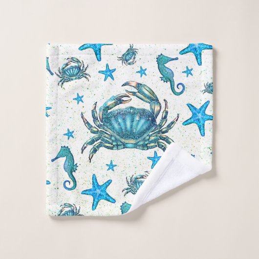 Modern Beach Blue Crab Starfish Seepferd Sparkle Badhandtuch Set (Waschlappen)