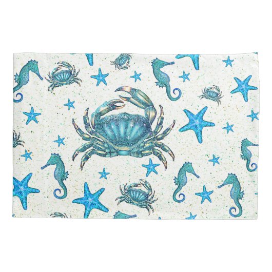 Modern Beach Blue Crab Starfish Seepferd Sparkle Kissenbezug (Rückseite)