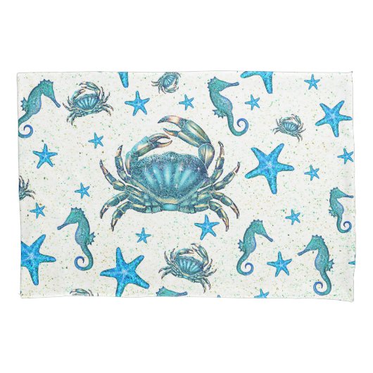 Modern Beach Blue Crab Starfish Seepferd Sparkle Kissenbezug (Vorderseite)