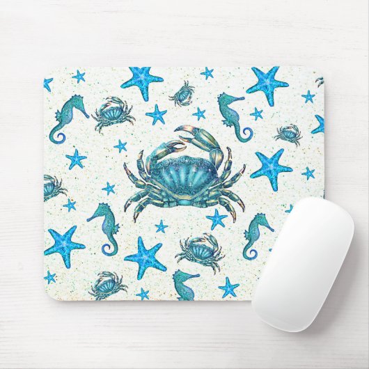 Modern Beach Blue Crab Starfish Seepferd Sparkle Mousepad (Mit Mouse)