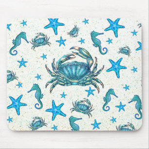 Modern Beach Blue Crab Starfish Seepferd Sparkle Mousepad