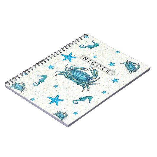 Modern Beach Blue Crab Starfish Seepferd Sparkle Notizblock (Linke Seite)