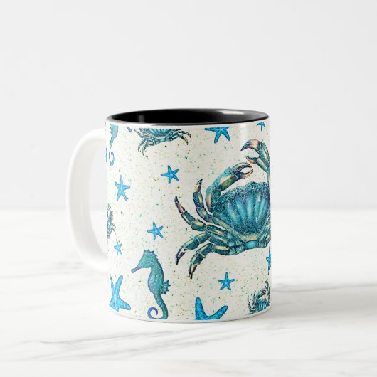 Modern Beach Blue Crab Starfish Seepferd Sparkle Zweifarbige Tasse (Vorderseite Links)