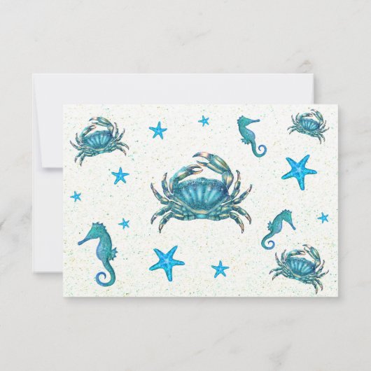 Modern Beach Blue Crab Starfish Wedding RSVP (Rückseite)