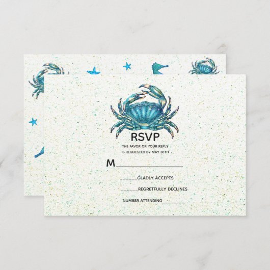 Modern Beach Blue Crab Starfish Wedding RSVP (Vorne/Hinten)