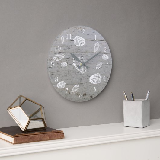 Modern beach driftwood ocean sea shells große wanduhr (Büro)