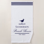 Modern Beach House White Navy Blue Sandpips Strandtuch (Vorderseite)