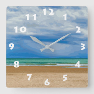 MODERN BEACH ILLUSTRATION WITH WHITE NUMBERS QUADRATISCHE WANDUHR