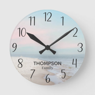 Modern Beach Ocean Blue Pink Sky Round Clock Runde Wanduhr