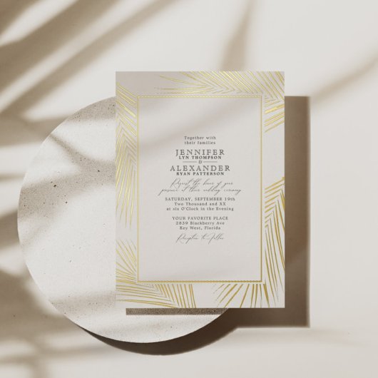 Modern Beach Palm Wedding Ivory Gold Folieneinladung