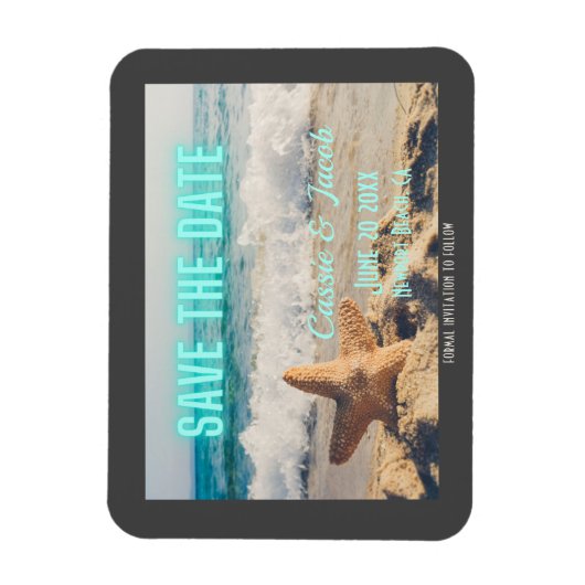 Modern Beach Scene & Neon Save the Date Magnet (Vertikal)