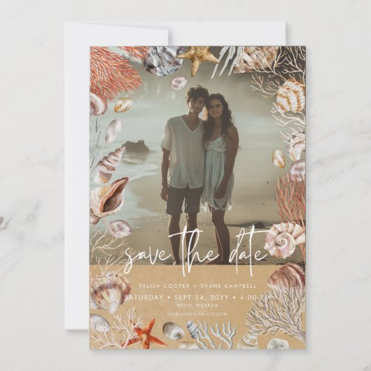 Modern Beach Seashell Frame Foto Sand Wedding Save The Date (Vorderseite)