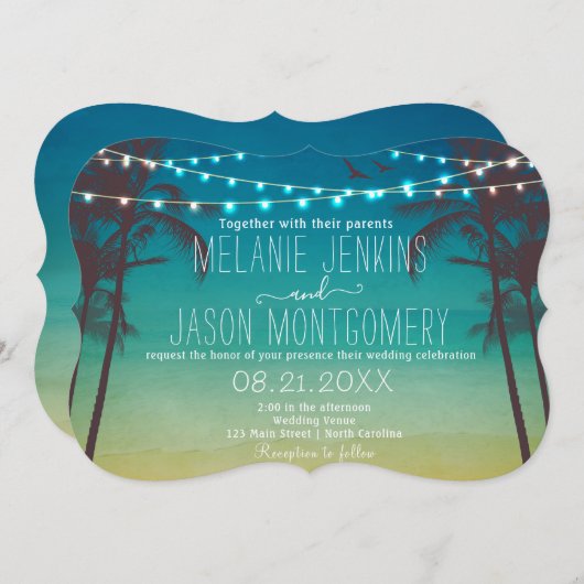Modern Beach Tropical Palm Tree Einladung Hochzeit (Vorne/Hinten)