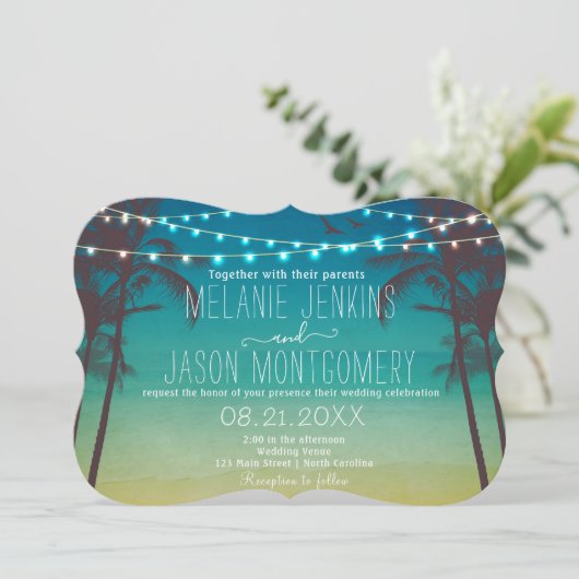 Modern Beach Tropical Palm Tree Einladung Hochzeit (Stehend Vorderseite)