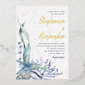 Modern Beach Watercolor Blue Muscheln Hochzeit Gol Folieneinladung (Vorderseite)