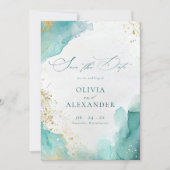 Modern Beach Wedding Teal Gold Abstract Photo Save The Date (Vorderseite)