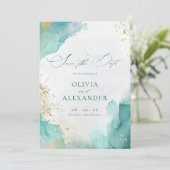 Modern Beach Wedding Teal Gold Abstract Photo Save The Date (Stehend Vorderseite)