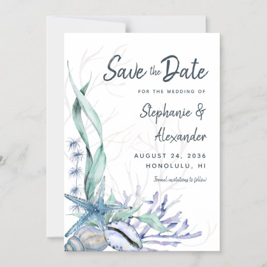 Modern Beach Wedding Watercolor Blue Save the Date Magneteinladung (Vorderseite)