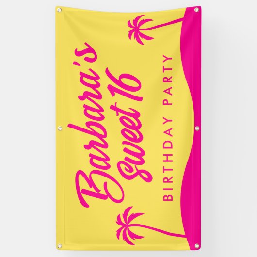 Modern Beach Yellow Pink Script Sweet 16 Banner (Vertikal)