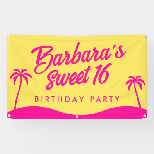 Modern Beach Yellow Pink Script Sweet 16 Banner (Horizontal)