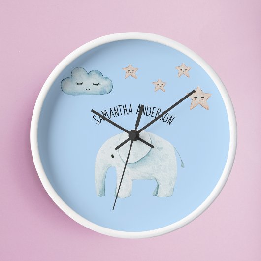 Modern Beauty Pastel Blue Elephant & Stars Kid Runde Wanduhr