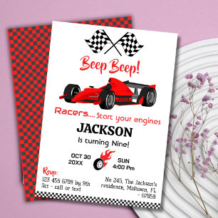 Modern beep beep red race car 9. Geburtstag Einladung
