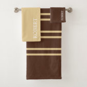 modern Beige &Brown Stripes Pattern Custom Name Badhandtuch Set (Insitu)