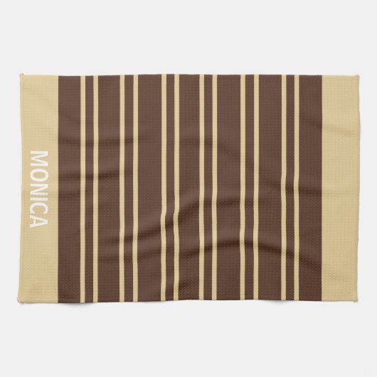 modern Beige &Brown Stripes Pattern Custom Name Geschirrtuch (Horizontal)