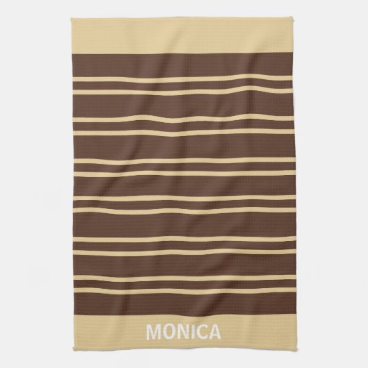 modern Beige &Brown Stripes Pattern Custom Name Geschirrtuch (Vertikal)
