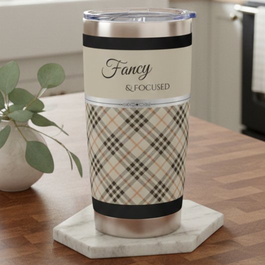 Modern Beige Fancy and Focused Boutique Plaid Thermobecher