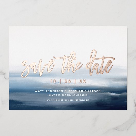 Modern bemalt Strand Ocean Theme Save the Date Folieneinladung (Vorderseite)
