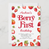 Modern Berry First Strawberry Geburtstag für Mädch Einladung (Vorderseite)