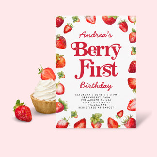 Modern Berry First Strawberry Geburtstag für Mädch Einladung
