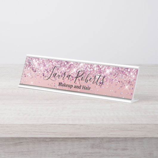 Modern Beruflich Blush Pink Sparkone Glitzer D Schreibtischnamensplakette (Vorderseite )