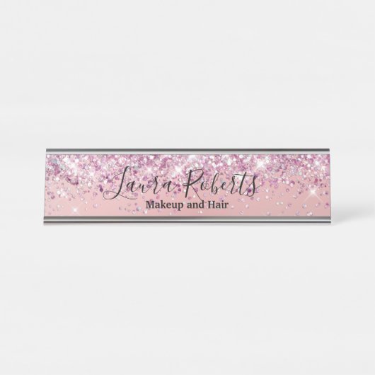 Modern Beruflich Blush Pink Sparkone Glitzer D Schreibtischnamensplakette (Vorderseite )
