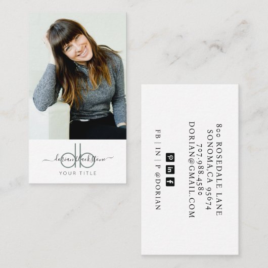 Modern Berufliches Portrait Foto Monogram Visitenkarte (Vorne/Hinten)
