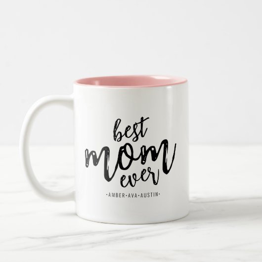 Modern Best Mama je Mommy Kids Name Script Zweifarbige Tasse (Links)