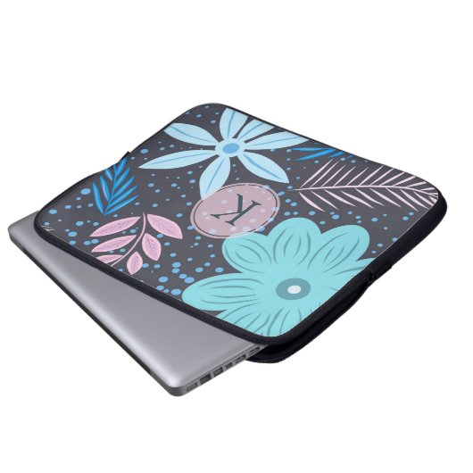 Modern Big Blue Blume Muster Pink Monogram Laptopschutzhülle (Vorne Knopf)