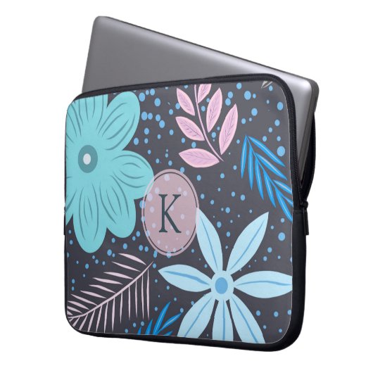 Modern Big Blue Blume Muster Pink Monogram Laptopschutzhülle (Vorderseite Links)
