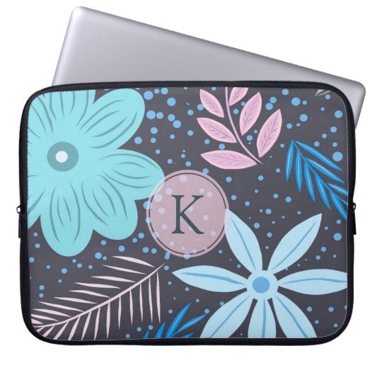 Modern Big Blue Blume Muster Pink Monogram Laptopschutzhülle (Vorderseite)